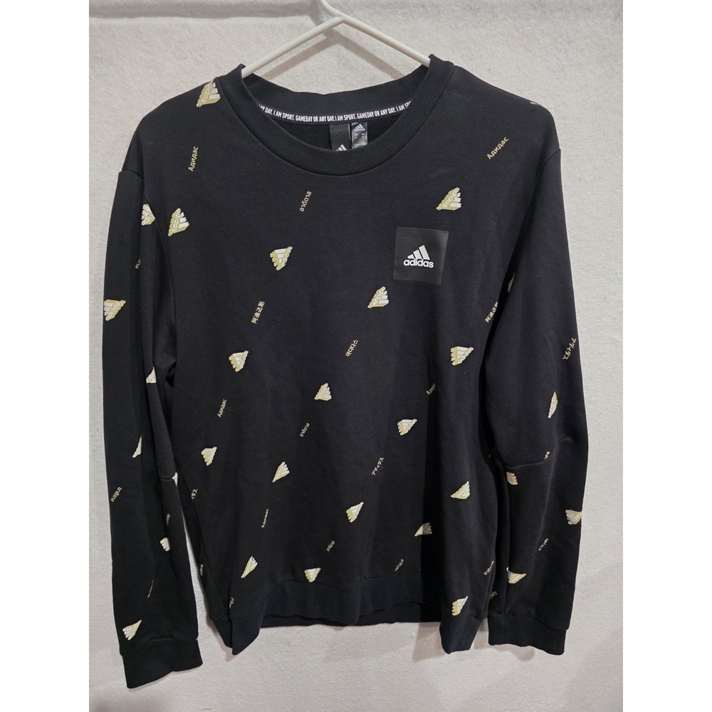 adidas Mens M Must Haves Graphic Crew Sweatshirt Black Gold Logo All Over Print